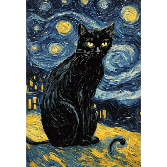 Black Cat on A Starry Night Painting - 12" x 18" Art Print Wall Decor
