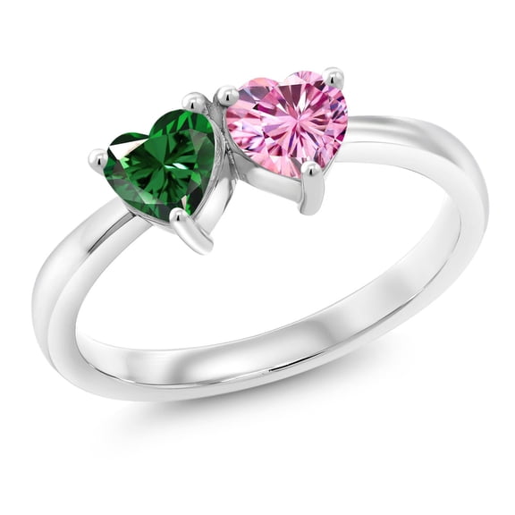 Gem Stone King 925 Sterling Silver Fashion Right-Hand Ring Heart Shape Green Nano Emerald and Vivid Pink Moissanite (1.00 Cttw, Size 9)