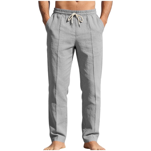 Xzbqbs Men's Linen Blend Beach Pants Drawstring Waist Straight Leg Trousers for Men