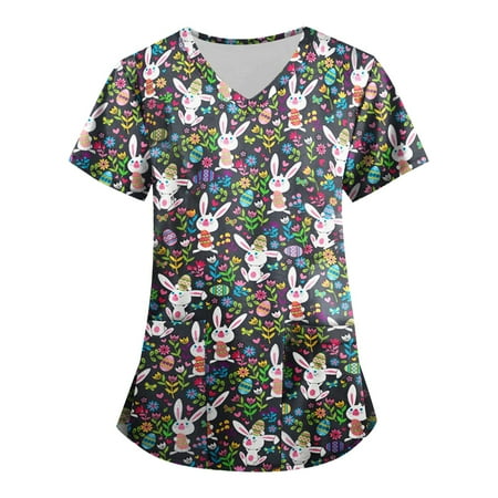 

QAZXD Womens V Neck Medical Nursing Uniform Cute Floral Print Short Sleeve Scrub Tops with Pockets XXXL