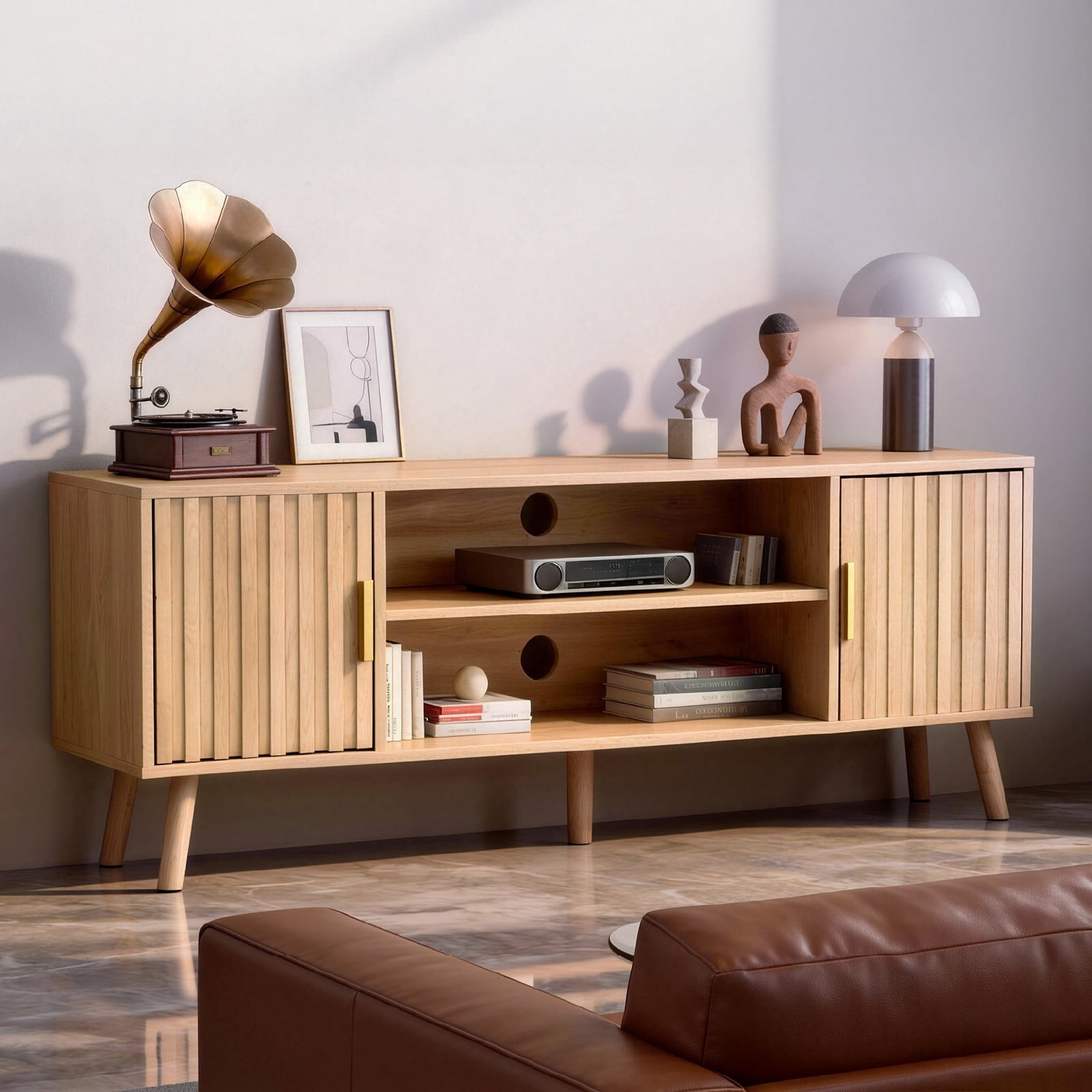 UBesGoo 59" Modern Fluted TV Stand, Walnut Entertainment Center for 55/60/65-Inches TVs, Boho Media Console with 2 Doors & Shelves Storage for Living Room, Bedroom, Home