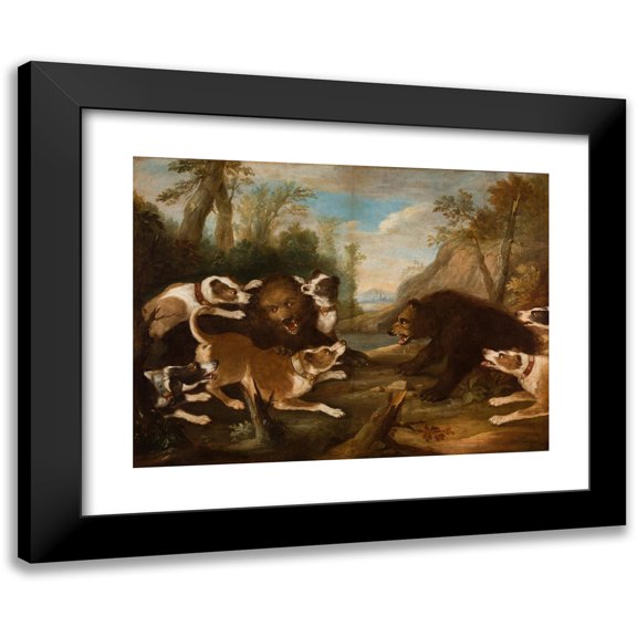 Joseph Anton Harzath 24x19 Black Modern Framed Museum Art Print Titled - Dogs Fighting with Bears (18th Century)