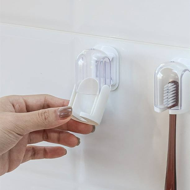 Portacepillos de dientes de pared con tapa | Organizador autoadhesivo para baño y ducha | Instalación sin taladros para dormitorio y hogar | Blanco