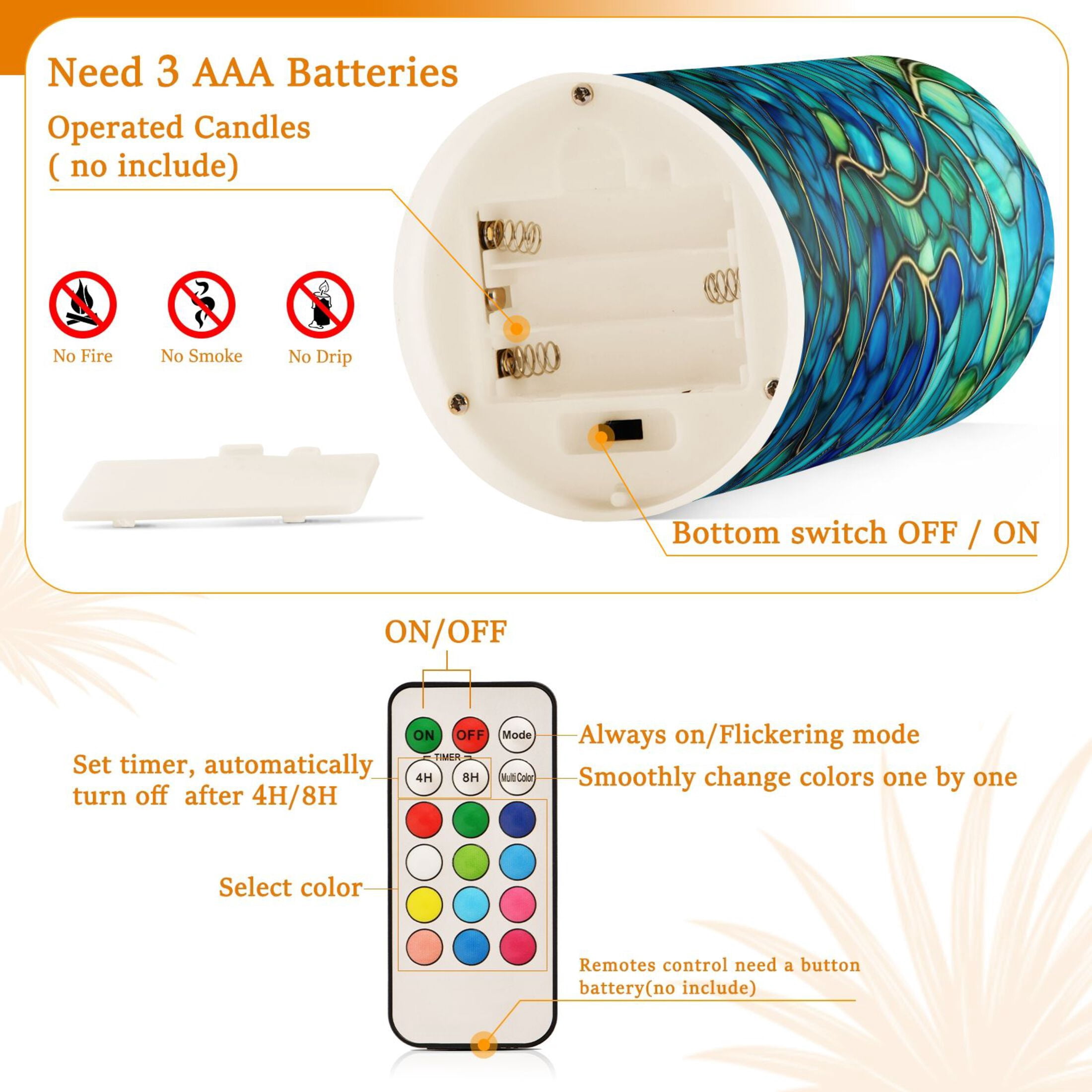 Glass Art Flickering Flameless Candles Battery Operated with Remote Timer LED Pillar Candles Set of 2