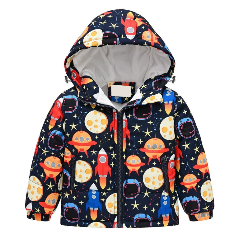 IROINNID Toddler Boys Winter Jacket Graphic Print Plush Thermal Thick Coat  Keep Warm Hooded Outerwear with Zipper Pocket,Orange