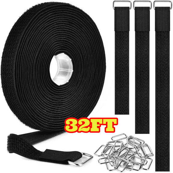 32 Ft Cable Ties, Adjustable Fastening Zip Ties Hook and Loop Straps with 50 Metal Buckles, Reusable Nylon Cinch Straps for Organizer and Storage