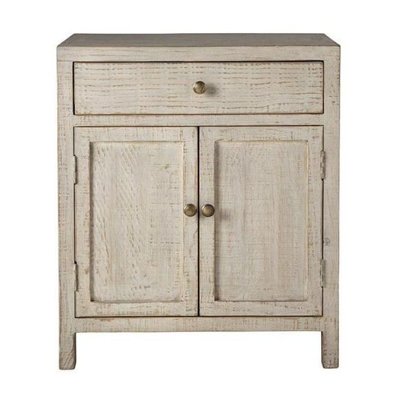 Benjara Lia Small Accent Cabinet- 2 Door- Drawer- Antique Style Whitewash Wood
