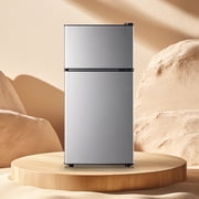 Tacool Small Mini Fridge with Top Freezer Compact Refrigerator Dual Door with Adjustable Thermostat Silver for Home New