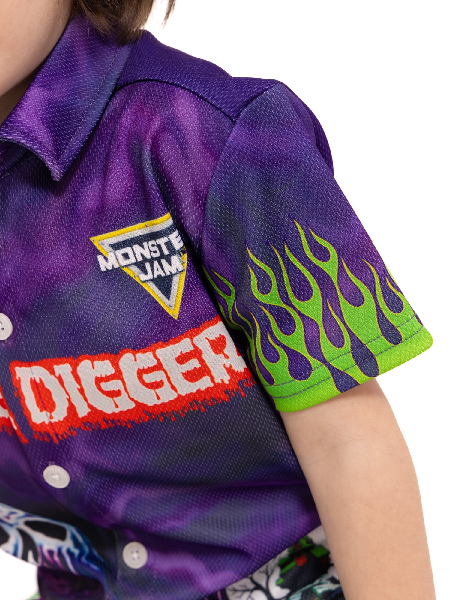 Monster Jam Grave Digger Toddler Boys Button Shirt with Short Sleeves, Sizes 12M-5T