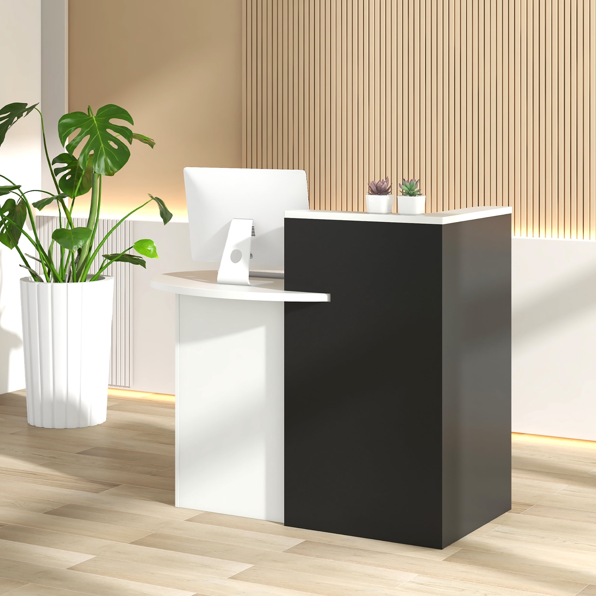 Gymax Front Reception Counter Desk Checkout Office Desk w/ Open Shelf & Lockable Drawer