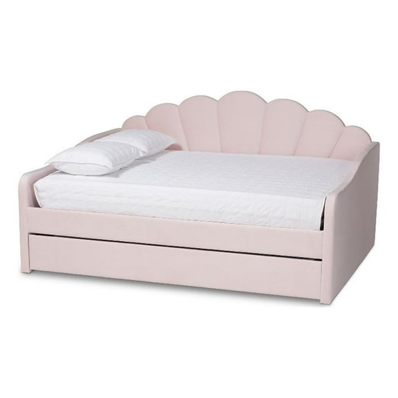 Baxton Studio Timila Light Pink Velvet Fabric Queen Size Daybed with Trundle