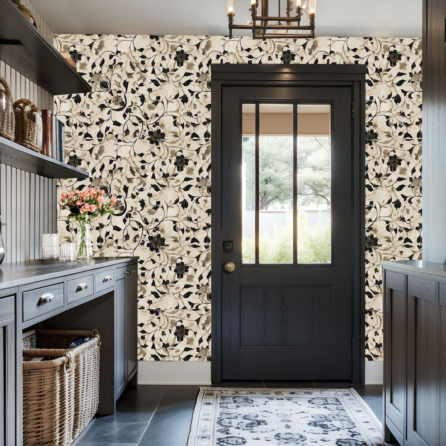 Peel and Stick Wallpaper Elegant Black White Floral Beige Wall Mural 17.7in x 9.8ft Self Adhesive Removable Wall Paper Renter Friendly Wallpaper for Nursery Bedroom Cabinets