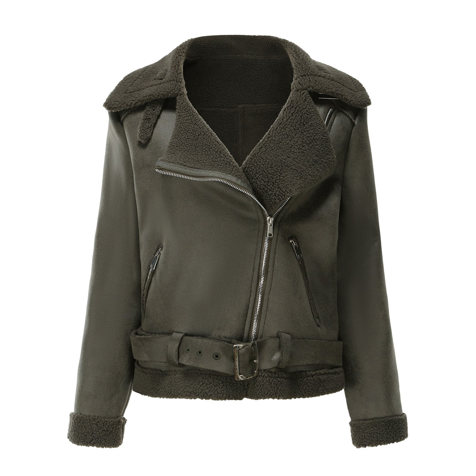 Usmixi Winter Faux Leather Jacket for Women Womens Suede Jacket Plus Size Fashion Side Zip Fuzzy Fleece Coats Casual Solid Pocket Bomber Outwear with Belt Faux Leather Jacket