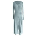 thumbnail image 5 of sususu Sets for Women Clothing Two Piece,Fall Outfits Elegant Women Solid Round Neck Slit Long Sleeve Dress And Pants Two Piece Suit Set For Daily Wear - Light Blue, 5 of 5