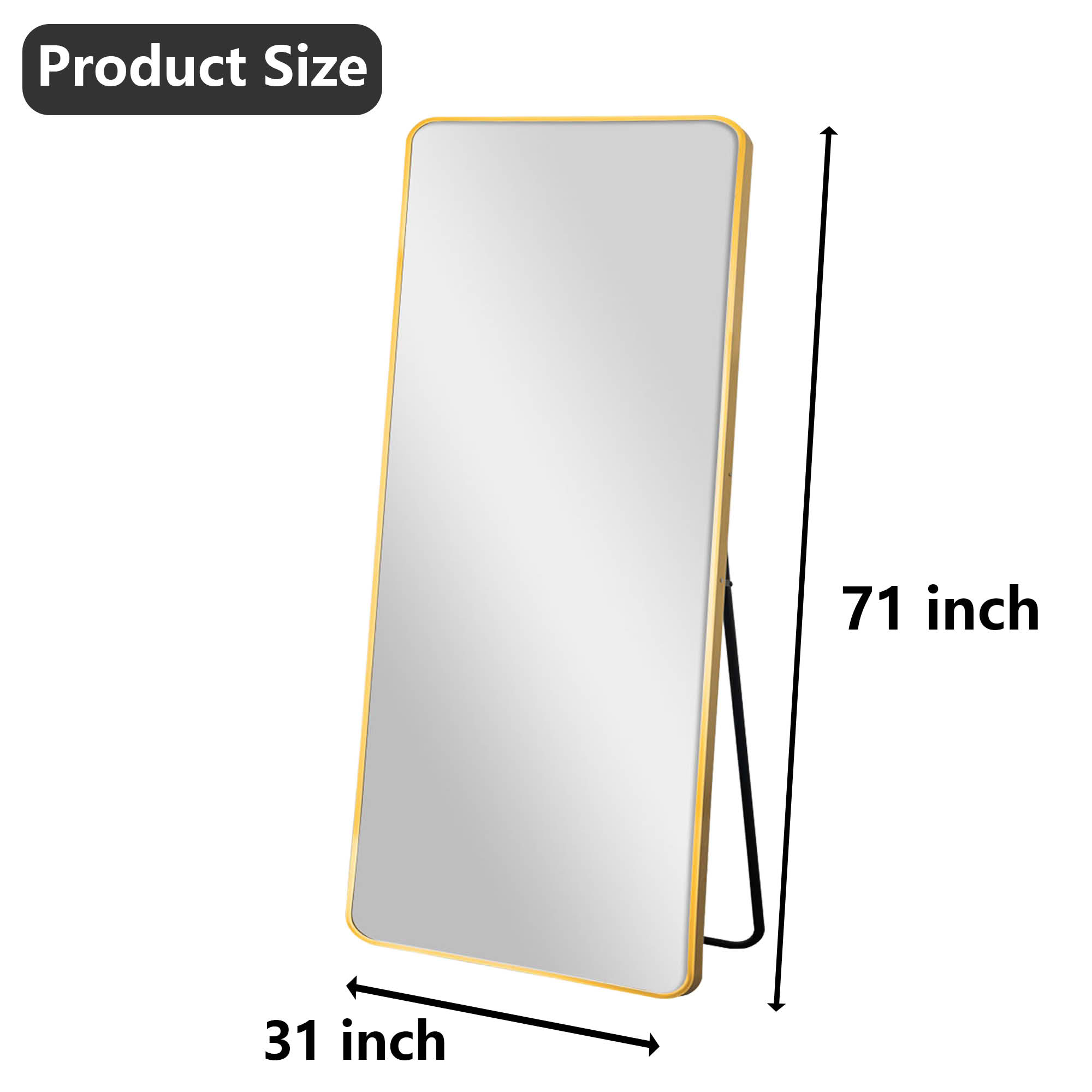 MAYEERTY 71x32in Aluminum Full-Length Mirror, Rounded Corner Tempered Glass With Stand, Gold
