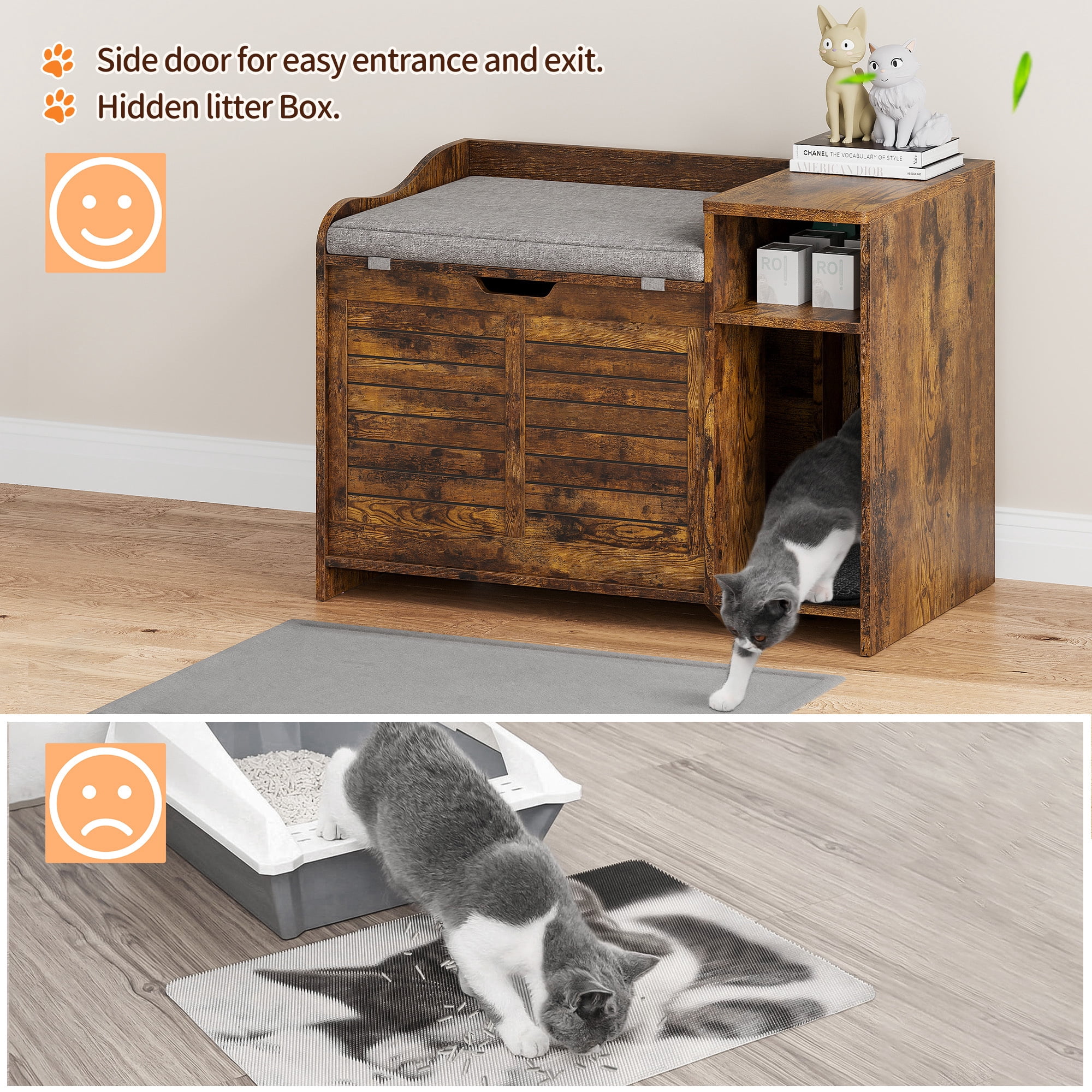Towallmark Cat Litter Box Enclosure,Top Opening with Cushion,Modern Wood Cat Washroom Hidden Litter Box Furniture House as Table Nightstand with Scratch Pad,Cat Litter Box, Cabinet,Brown