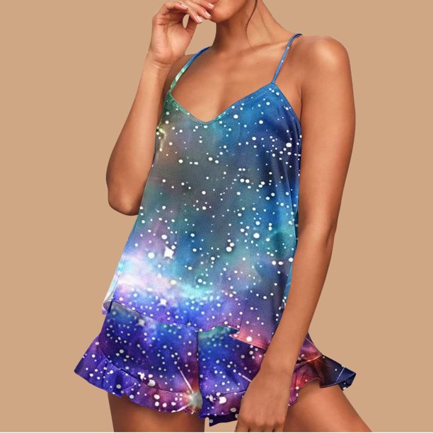 Conjunto de pijama de poliéster con tirantes finos y estampado de moda para mujer