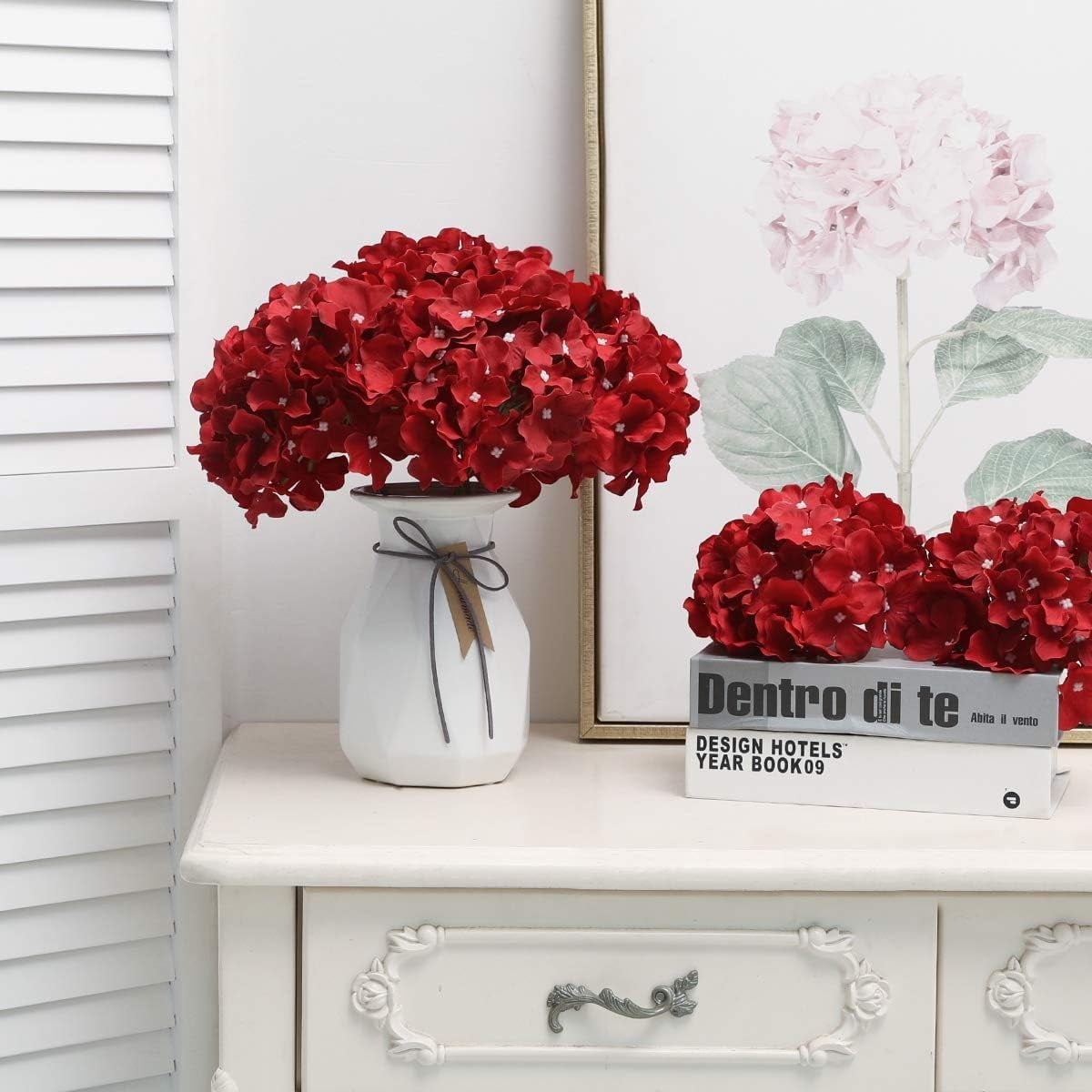 Fake Red Hydrangea Artificial Flowers - Faux Silk Hydrangeas Flowers Heads with Stems Real Touch for Home Wedding Party Table Decor(Red,Pack of )