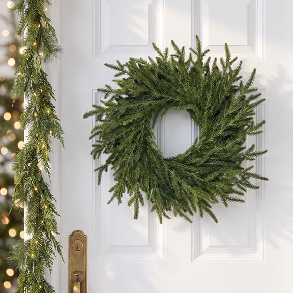 22 Inch Christmas Norfolk Pine Wreath for Front Door, Artificial Evergreen Wreath for Indoor & Covered Outdoor Holiday Decor