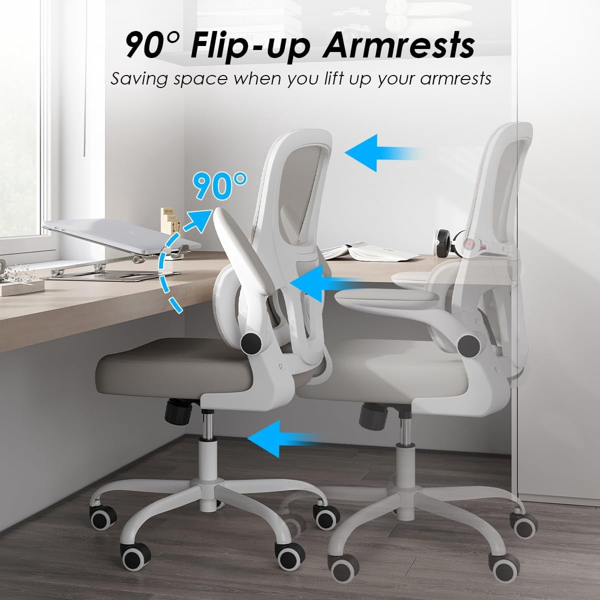 Farini Ergonomic Office Chair, Mesh Desk Chair with Lumbar Support, Comfy Computer Desk Chair with Flip Armrest Rolling Wheels for Home Study Room Office, White & Khaki