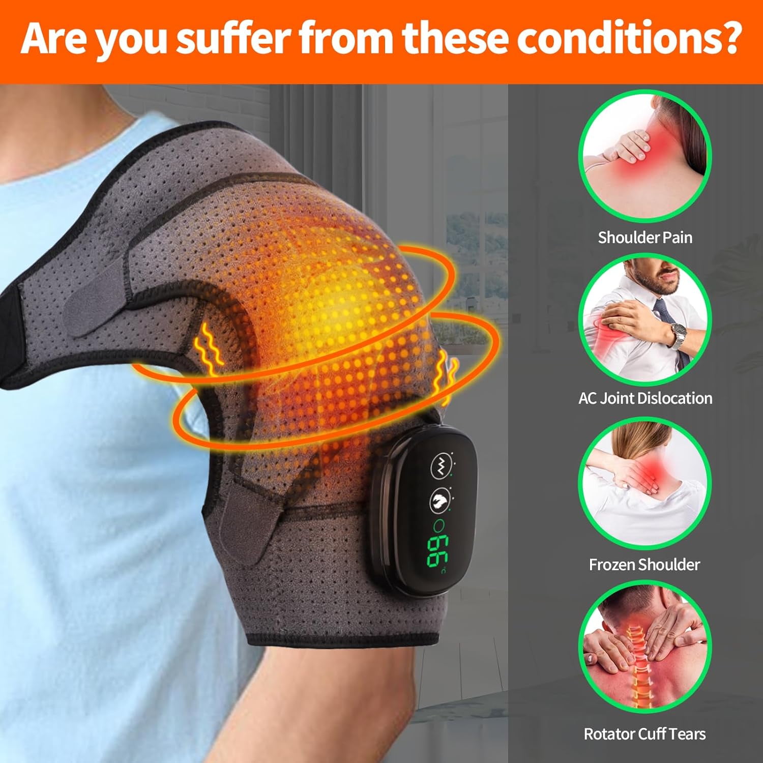 Wrongduck Cordless Heated Shoulder Brace Wrap with Massage, 3 Heat & Vibration Modes, 5000mAh Rechargeable Heating Pad Shoulder Massager for Men and Women