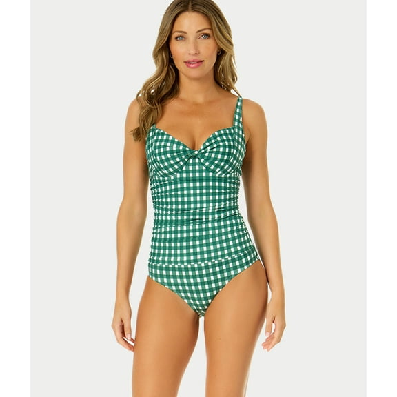 Anne Cole GINGHAM GREEN Retro Twist Front Shirred One Piece Swimsuit, US 12