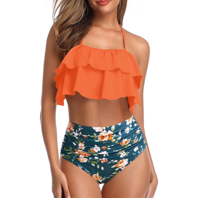 Tempt Me Trajes de baño de dos piezas para mujer, bikini de cintura alta, con volantes y control de barriga, trajes de baño halter