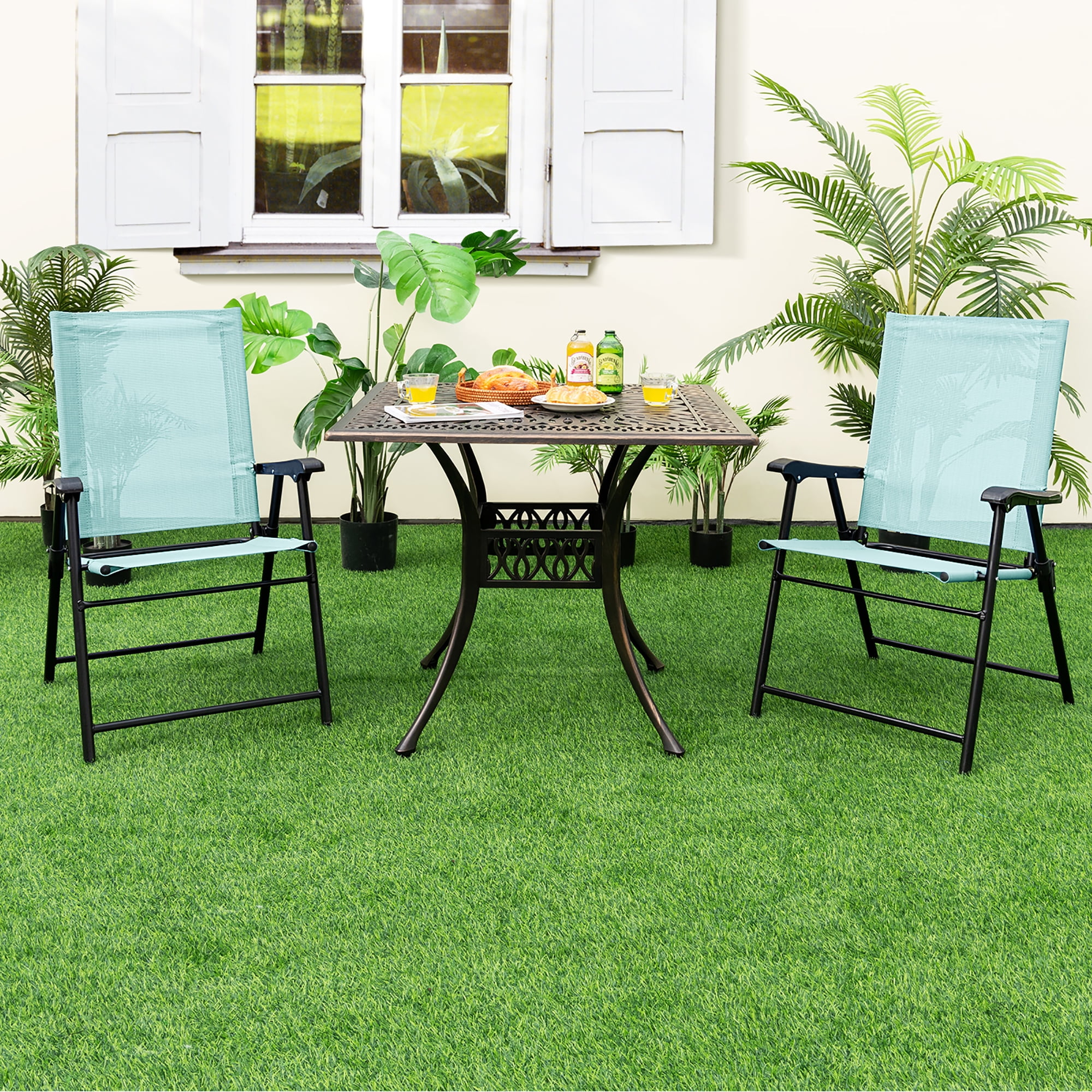 Gymax Patio Metal Outdoor Camping Rip-resistant and Durable Folding Chairs, Green ("Set of 4")