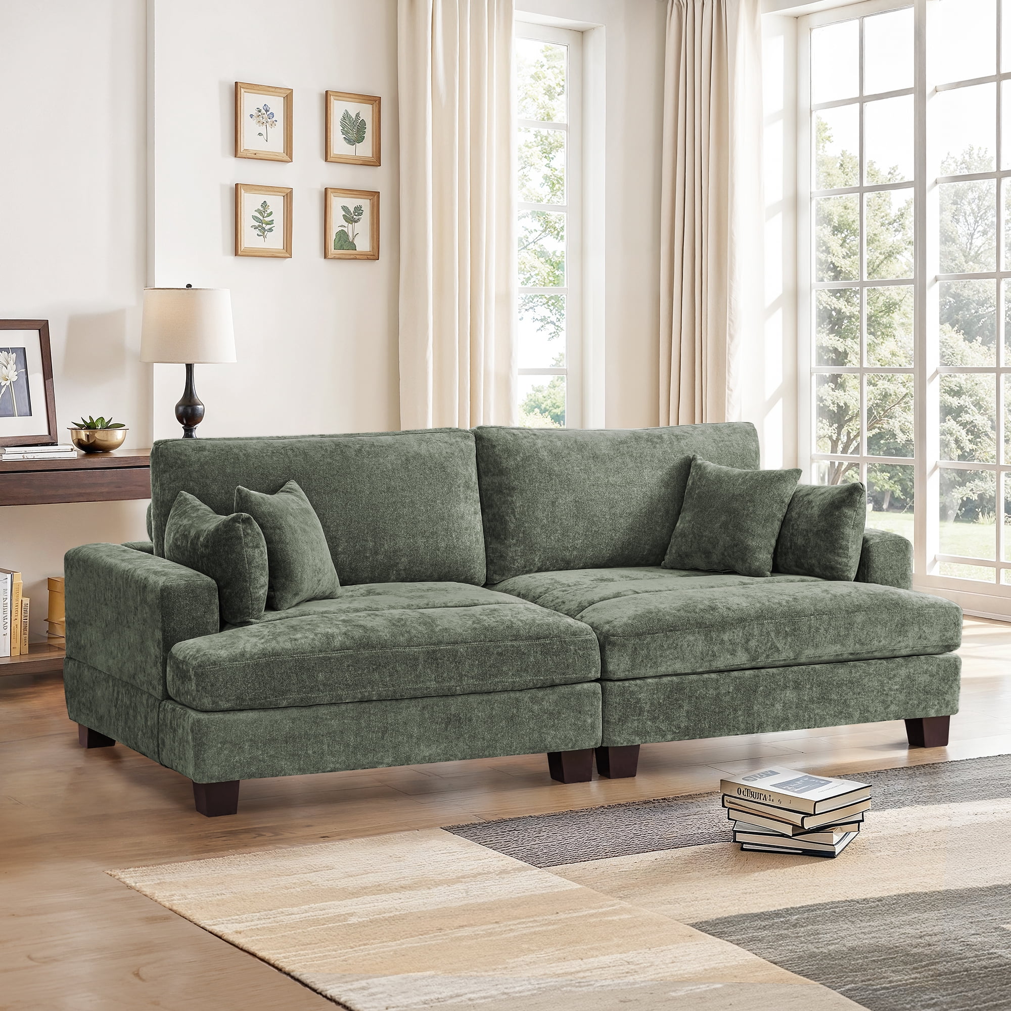 Dycanpo 3 Seater Chenille Sectional Sofa with Pillow, 88" Modern Green Couch Loveseat Sofa for Living Room, Green
