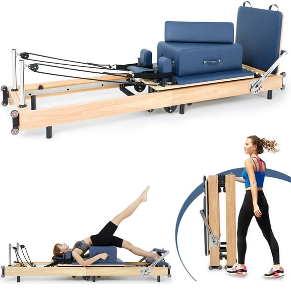 Home Foldable Pilates Reformer, Big Size-6 Metal Resistance Springs-Wood Pilates Machine & Equipment for Gym Workout, up to 500 lbs Weight Capacity-Solid Basic Reformer for Beginners