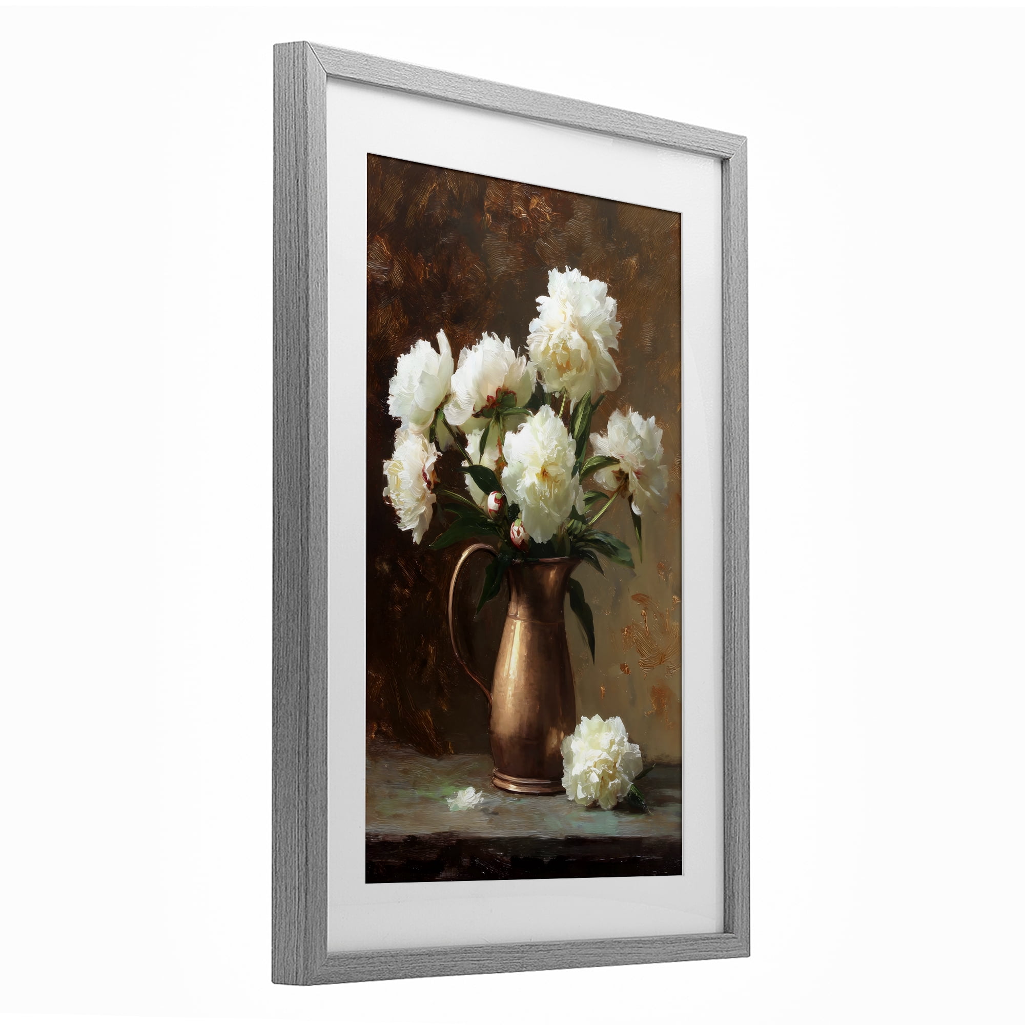 Stupell Industries Bronze Vase Peonies Gray Framed Print Under Glass, design by Petal Prints Design