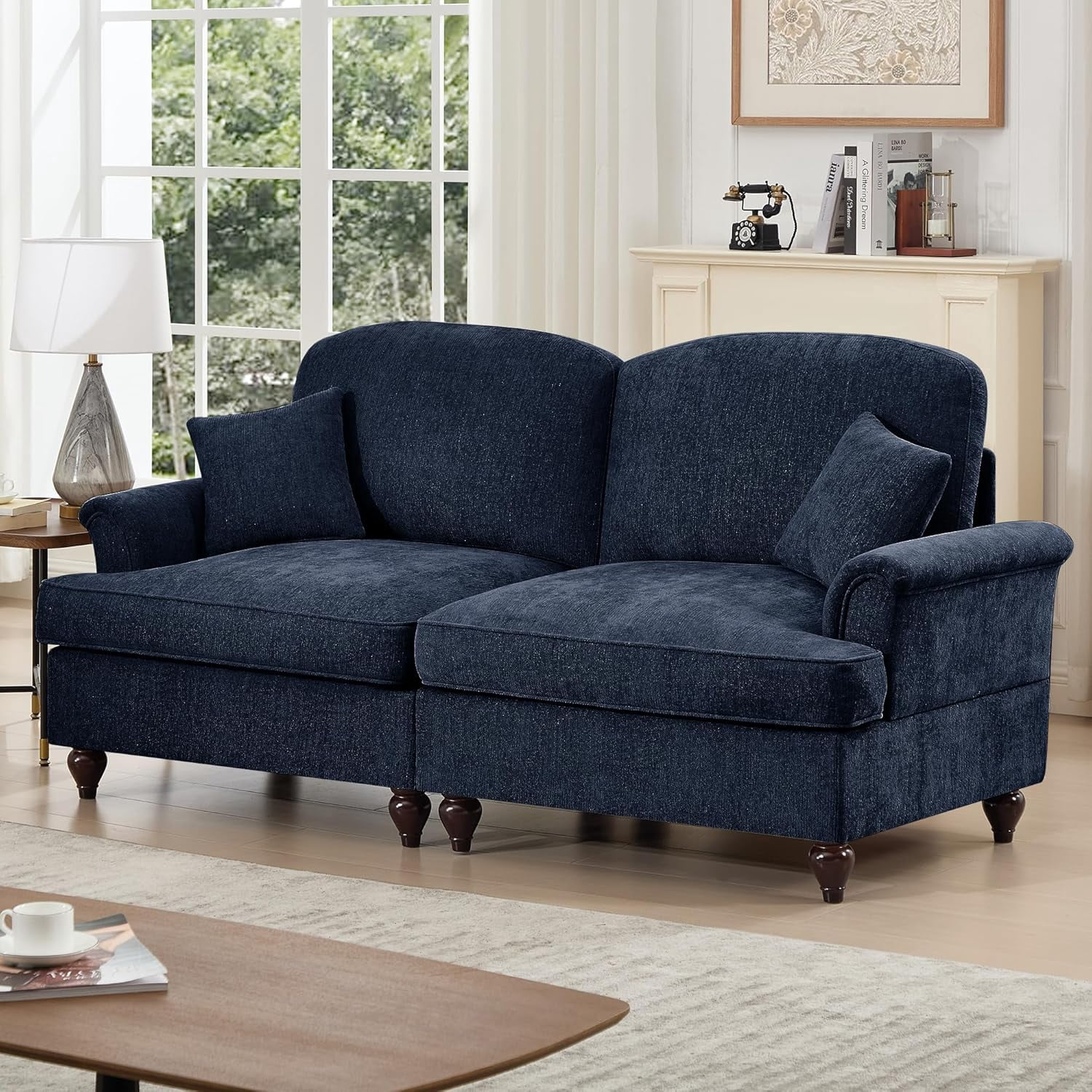 Mid Century Chenille Sectional Sofa, 2 Seat Couch Loveseat with Flared Arms, Removable Ruffles Pleats Skirts, Deep Seat Sofa for Living Room, Blue