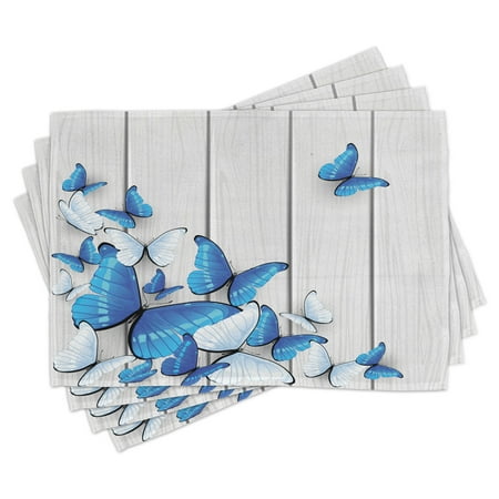 

Butterflies Placemats Set of 4 Blue and White Butterflies on Wooden Background Timber Wall Rustic Life Washable Fabric Place Mats for Dining Room Kitchen Table Decor Silver Blue White by Ambesonne