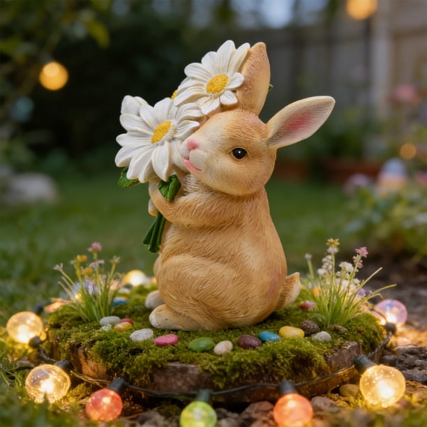 Adornos de Pascua, adornos de Pascua para exteriores, conejito realista, figura de conejo blanco, decoración de jardín, artesanías de resina, decoraciones de Pascua, adornos de conejo de resina
