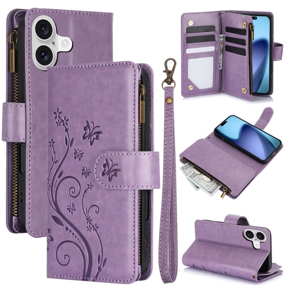 New Phone Case For iPhone 17,Premium PU Leather Flower Pattern Magnetic Zipper Pocket Kickstand Card Slots Wallet Handbag Cover with Wrist Strap For Women Girl ,Purple