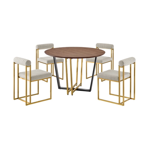 Joana Anastasia 5 Piece Round Walnut Dining Table Set Taupe Fabric
