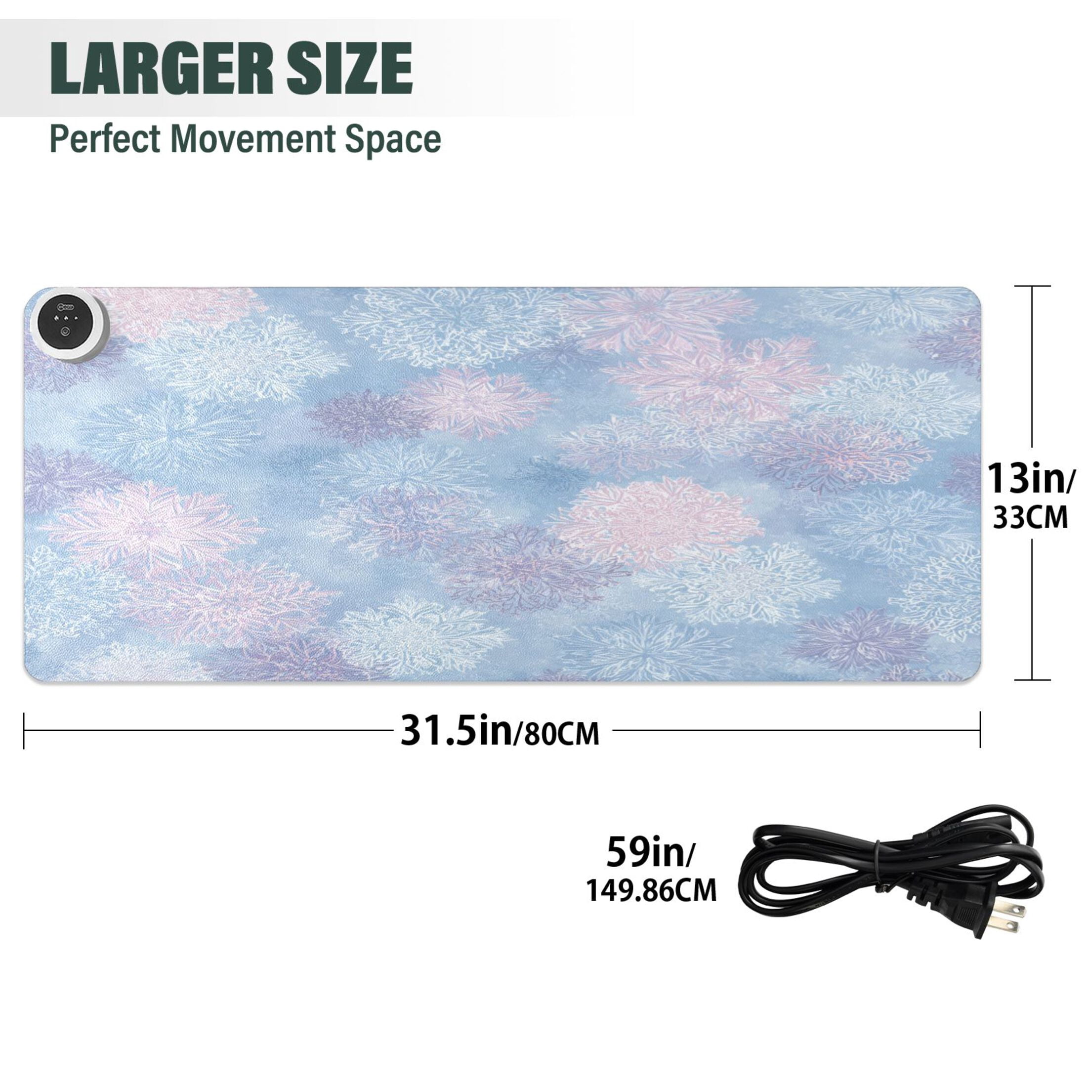Large Heated Desk Mat Mouse Pad 31.5"x13"PU Leather Graphene Heating Desk Warmer with 3 Temperature Settings 110V US Plug Non-Slip Warm Pad for Home, Office, and Gaming Pale Blue Pink Snowflakes