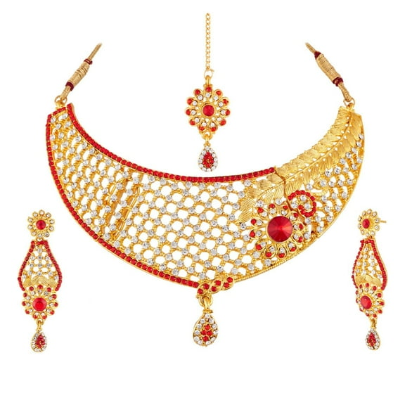 Crunchy Fashion Style Gold Plated Traditional Indian Jewelry Necklace Set with Earrings & Tika