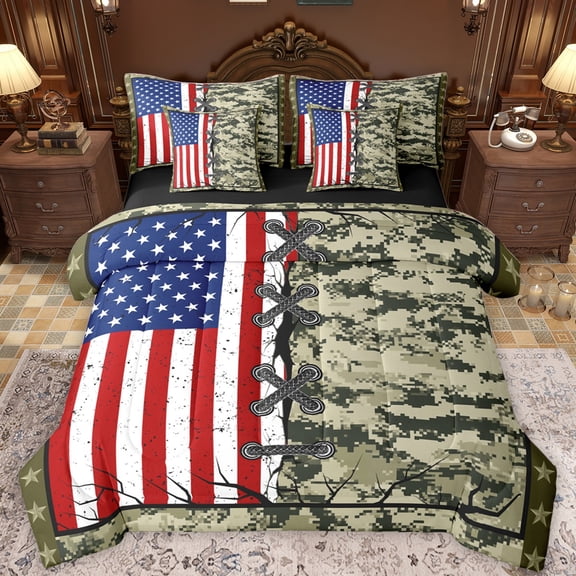 Castle Fairy Teens Adults Abstract Camouflage Twin Bedding Sets 7-Piece,USA Flag Bedding Comforter Set Microfiber,Retro Vintage Breathable Sheet Sets,Super Cozy Room Decor,Reversible