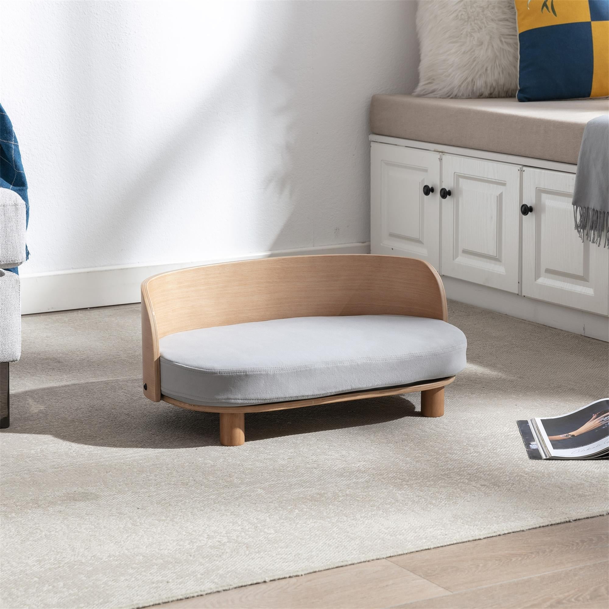 Pefilos 26" Modern Pet Sofa Dog Bed With Solid Wood legs and Bent Wood Back, Velvet Cushion, Walnut, Light Gray Pefilos 26" Modern Pet Sofa Dog Bed With Solid Wood legs and Bent Wood Back, Velvet Cushion, Walnut, Light Gray