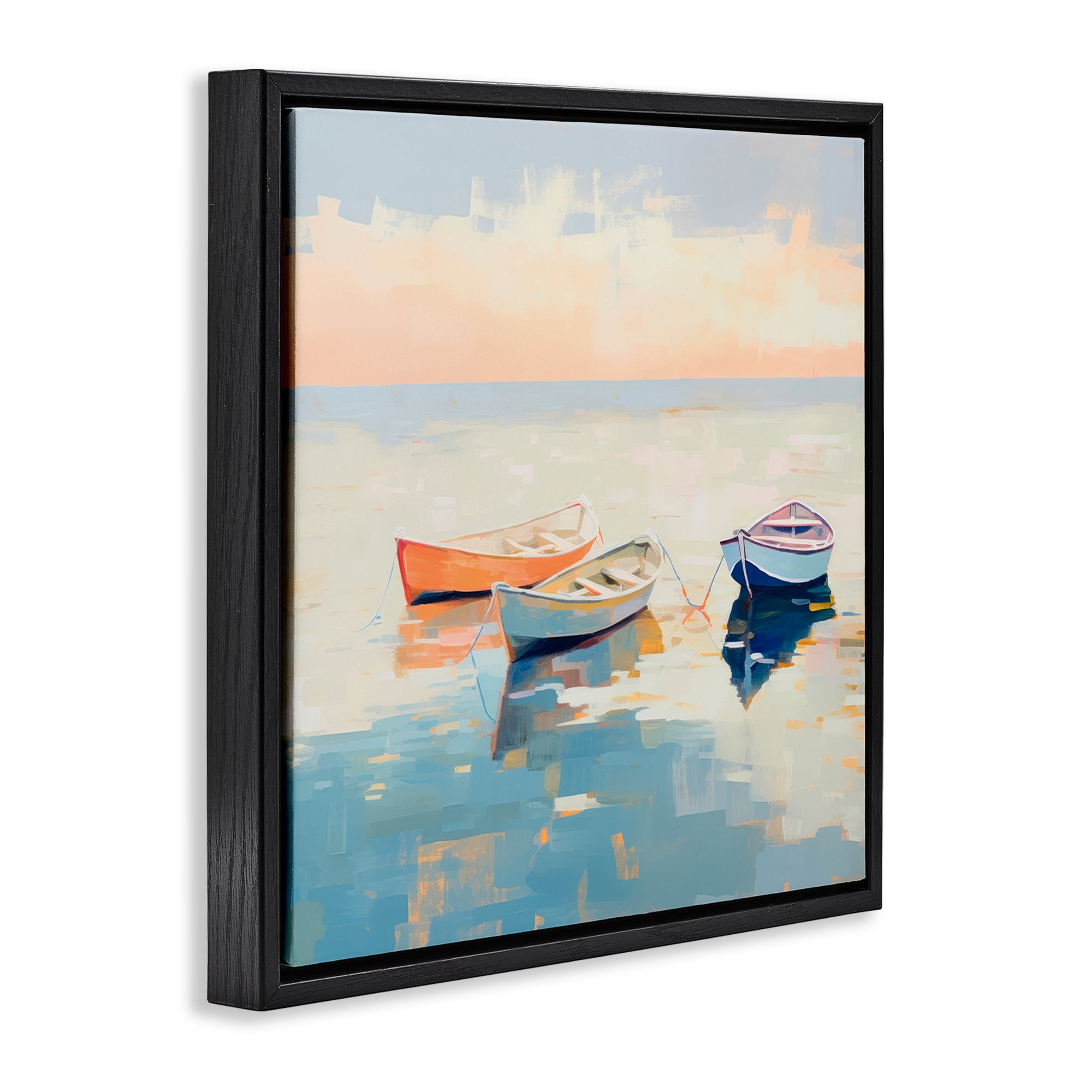 Stupell Industries Soft Pastel Boats Transportation Painting Black Floater Framed Canvas Art Print Wall Art, 18 x 18
