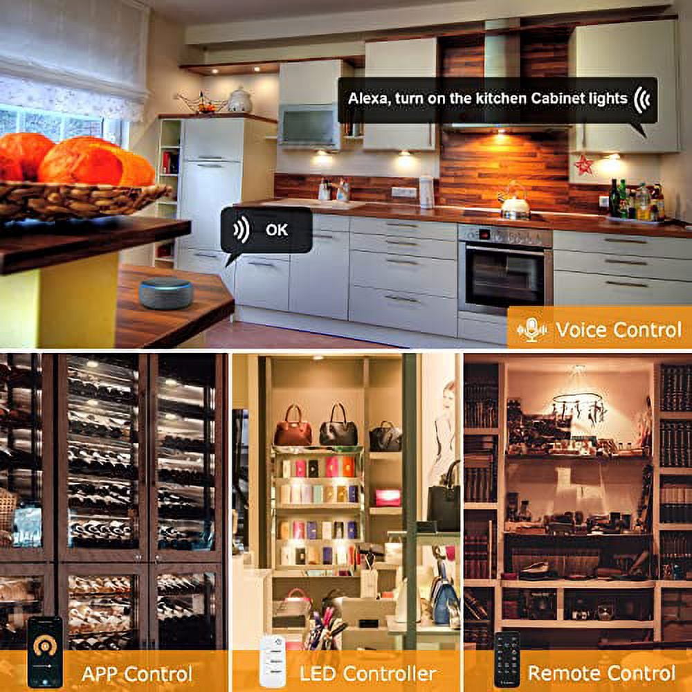 Smart Dimmable Under Cabinet Lighting - 12 Pack with Alexa and Google Assistant Compatibility, App and Remote Control, Wired Plug-in or Hardwired for Kitchen Counters