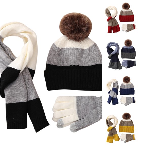 HNMKIU Children 8-15 Years Winter Warm Knitted Hat Scarf 3 Piece Set Plus Wool Thickened Unisex Outdoor Snowproof Cozy Accessory Bundle Black - One Size