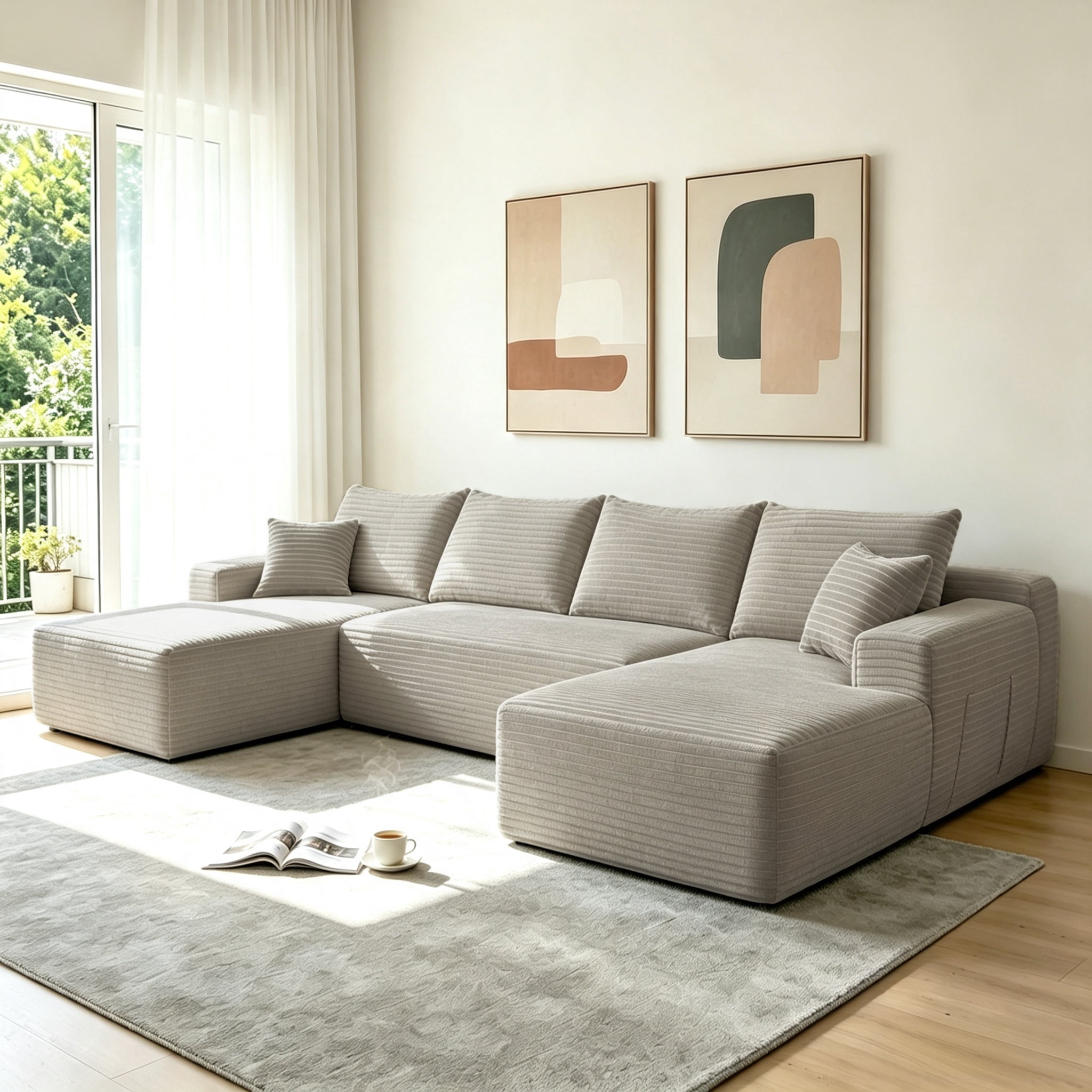 ShiKeyi 134" Modular U-Shaped Cloud Sofa, 5 Seater Corduroy Sectional Couch with Deep Seats Double Chaise & Soft Boneless Design, Camel