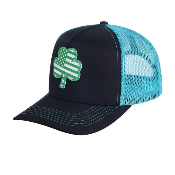 Unisex Embroidered St. Patrick'S Day Four Leaf Shamrock, 5-Panel Trucker Hat, Black/Blue, Adjustable Fit