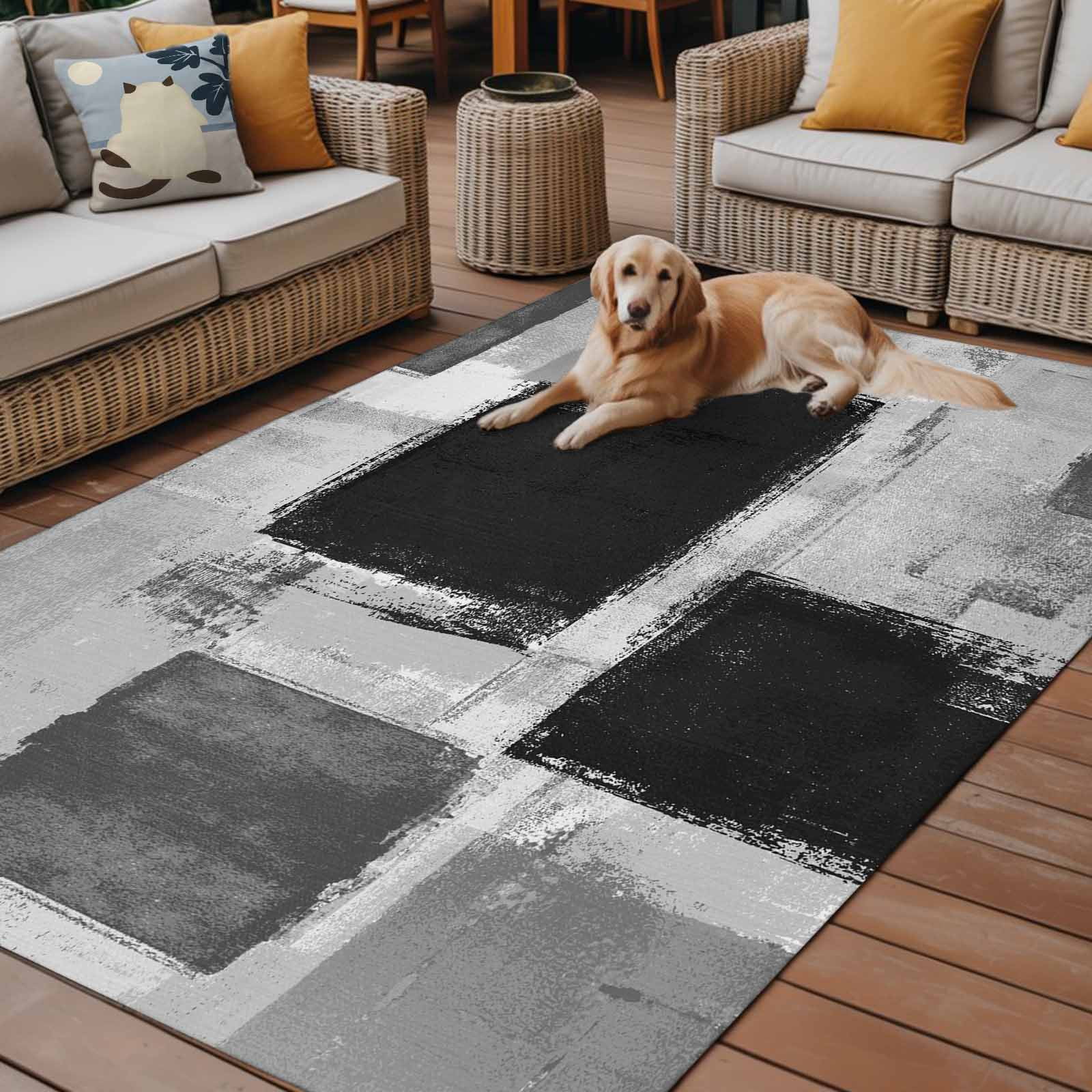 Fsddascl Black Grey Ombre Outdoor Rug for Patio/Deck/Porch, Non-Slip Large Area Rug 4 x 6 Ft, Vintage Abstract Smear Aesthetics Indoor Outdoor Rugs Washable Area Rugs, Reversible Camping Rug Carpet