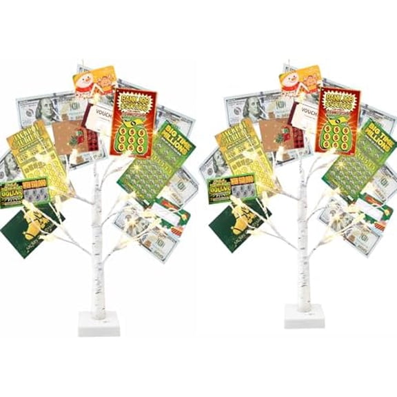 Money Tree Gift Holder Set of 2, 24 LED Warm White Lights Battery Powered Timer, with Clips and Greeting Cards, Gift Holder Decor for Photo Mother's Day Christmas Graduation Gifts