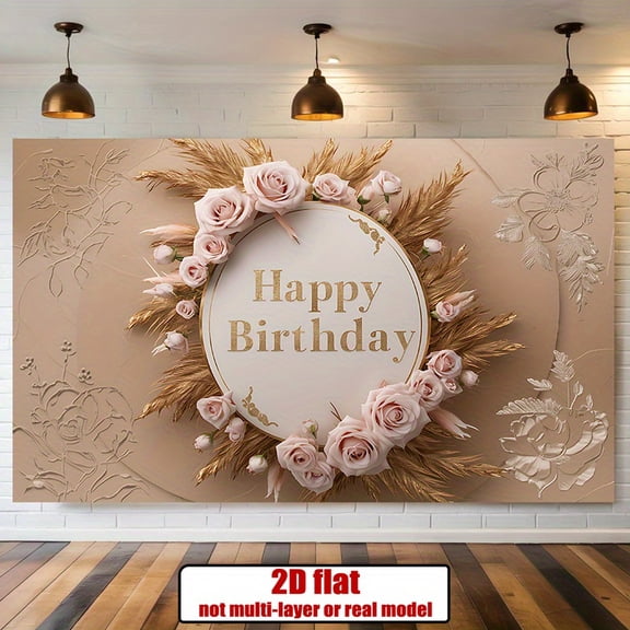Elegant Happy Birthday Backdrop Boho Pink Rose Birthday Photography Background for Women Bohemia Golden Leaves Birthday Party Decorations Banner Supplies Photo Booth Props