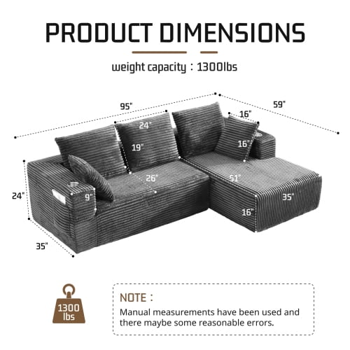 95" Modular L-Shaped Sectional Sofa with Chaise Lounge, 4-Seater Convertible Sofa Bed, Plush Corduroy Upholstery, Spring Pack Cushions, Wide Armrests with Side Pocket, Gray