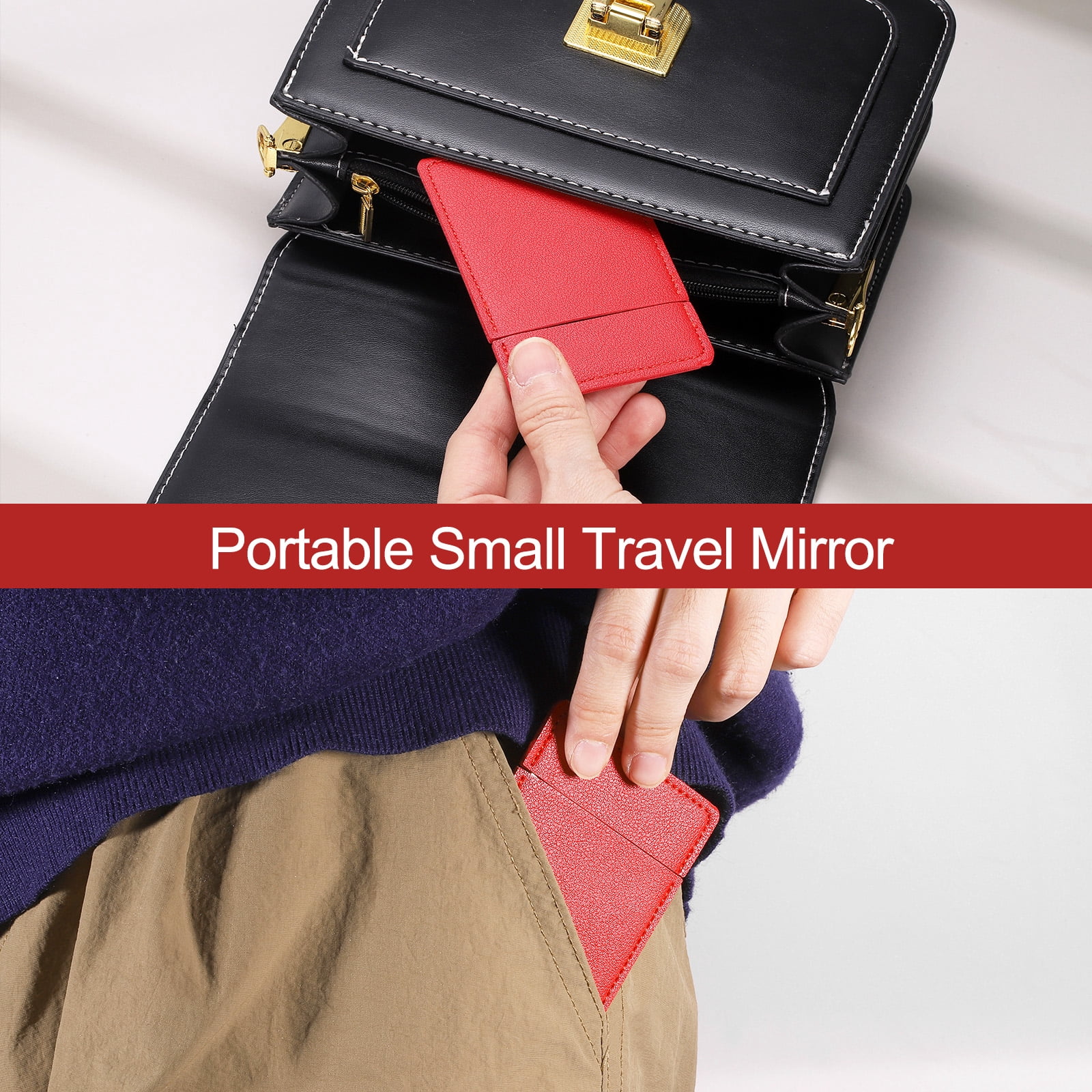 Unique Bargains Small Pocket Mirror Purse Stainless Steel Compact Leather Light Blue